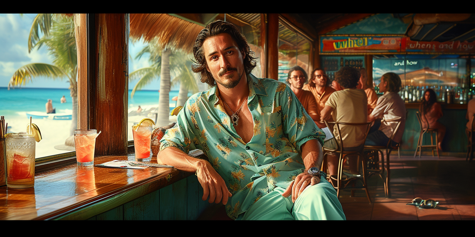 A man with wavy hair and a relaxed smile leans against a bar counter. He is wearing a light green tropical shirt and matching pants. The bar has a beach view with palm trees and ocean waves visible through the window. 