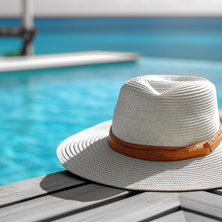a white summer hat on the side of a pool.
