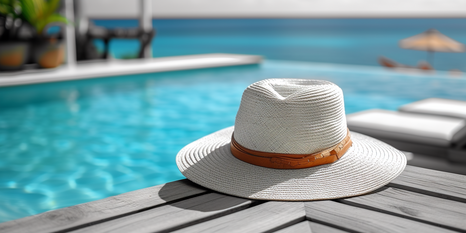 a white summer hat on the side of a pool.