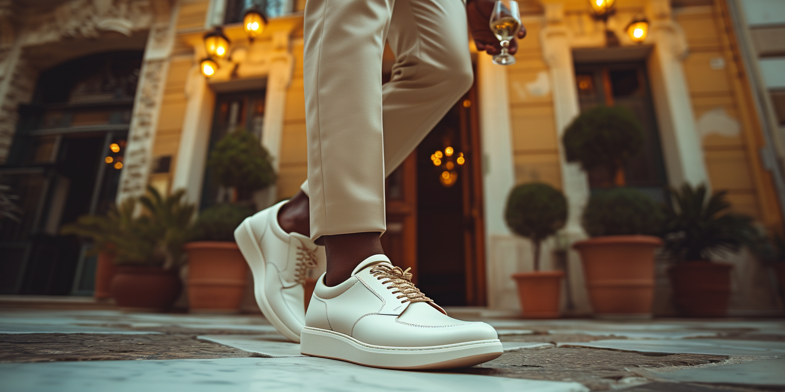 Close-up of a person walking on a tiled floor, wearing white sneakers and beige pants. The background shows a stylish building with warm lighting and potted plants.