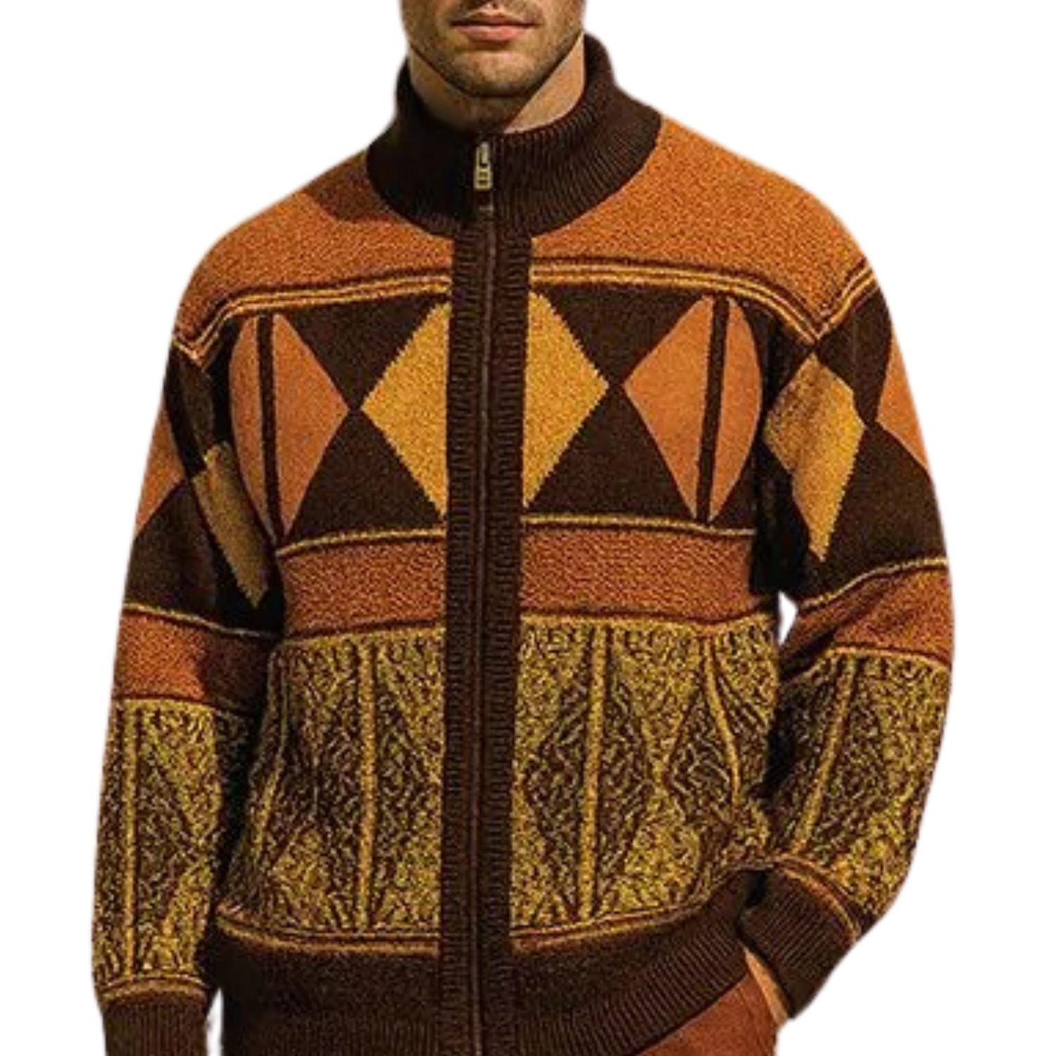 Verdanti Collection: Geometric Knit Zip Sweater with Suede Patches