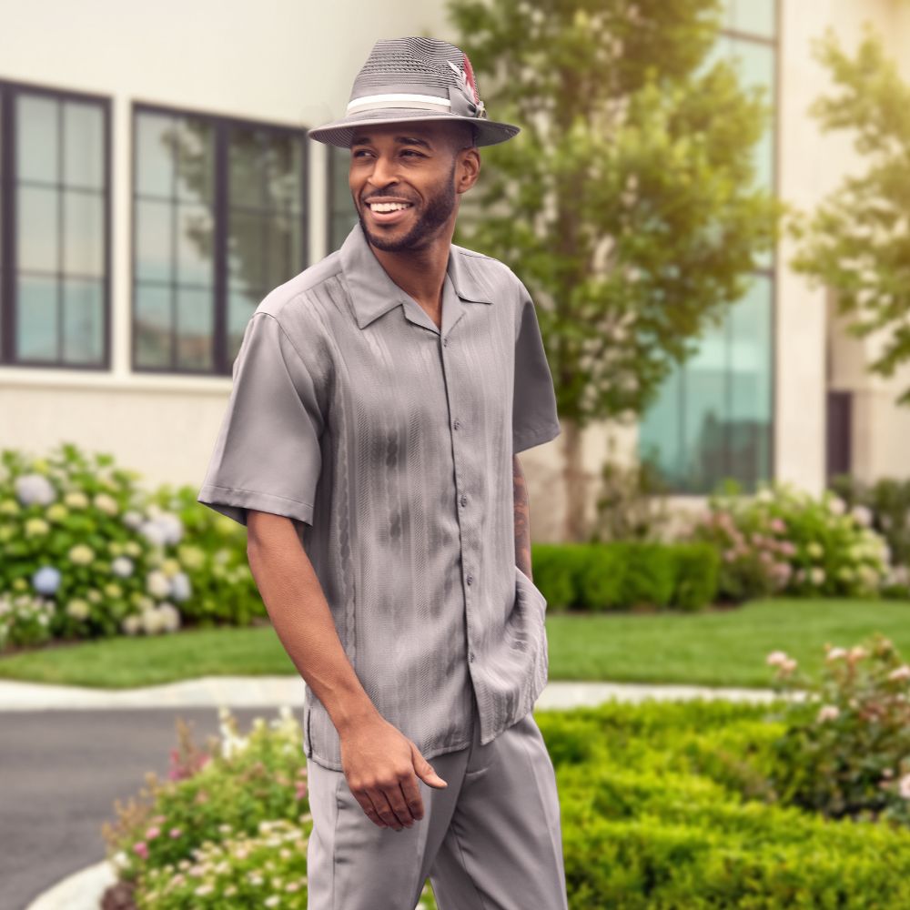 Selvedge Drift Collection: Montique Men's 2-Piece Tone-on-Tone Cable Knit Short Sleeve Set