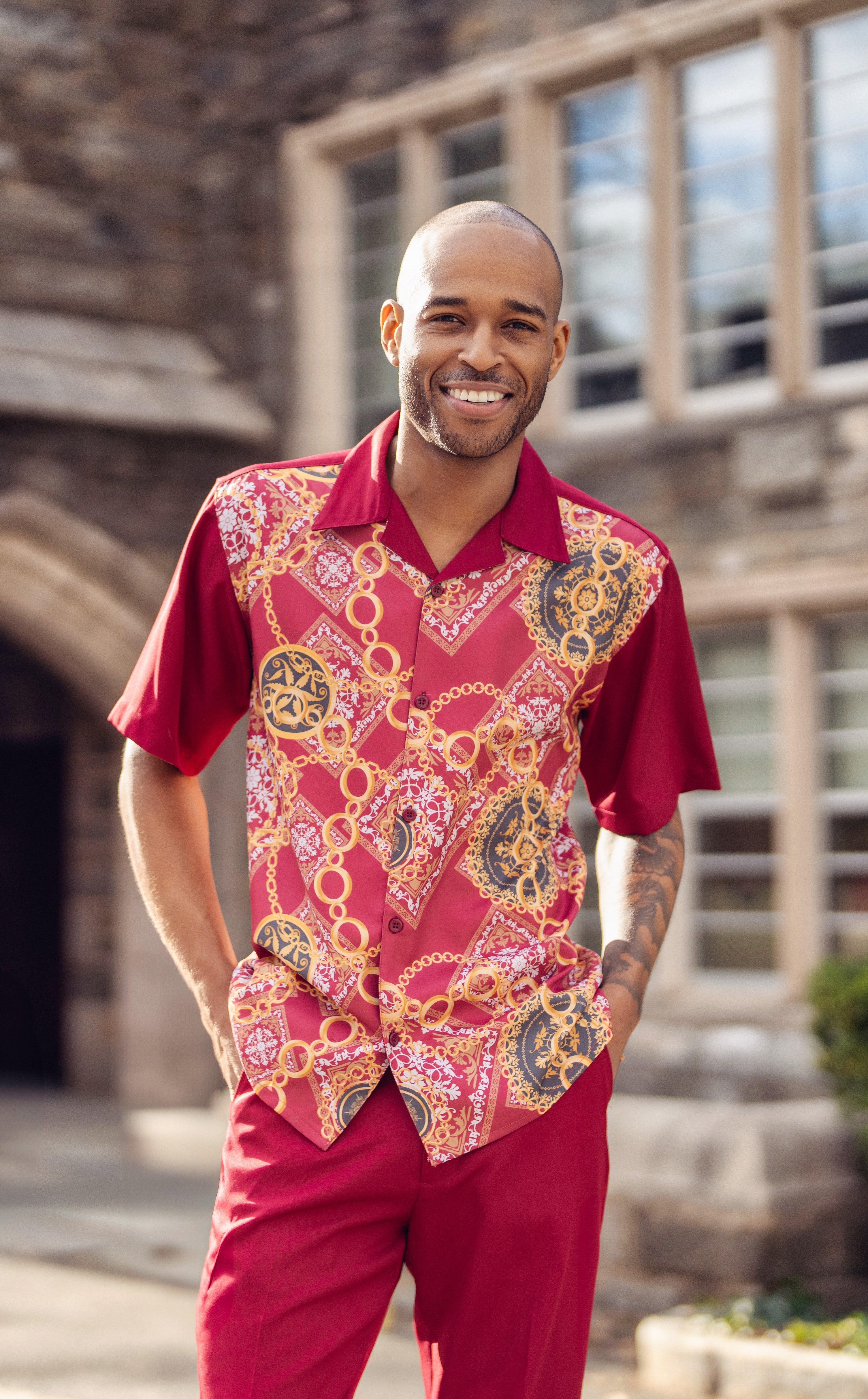 Coronal Collection: Luxurious Gold Chain Print Walking Suits