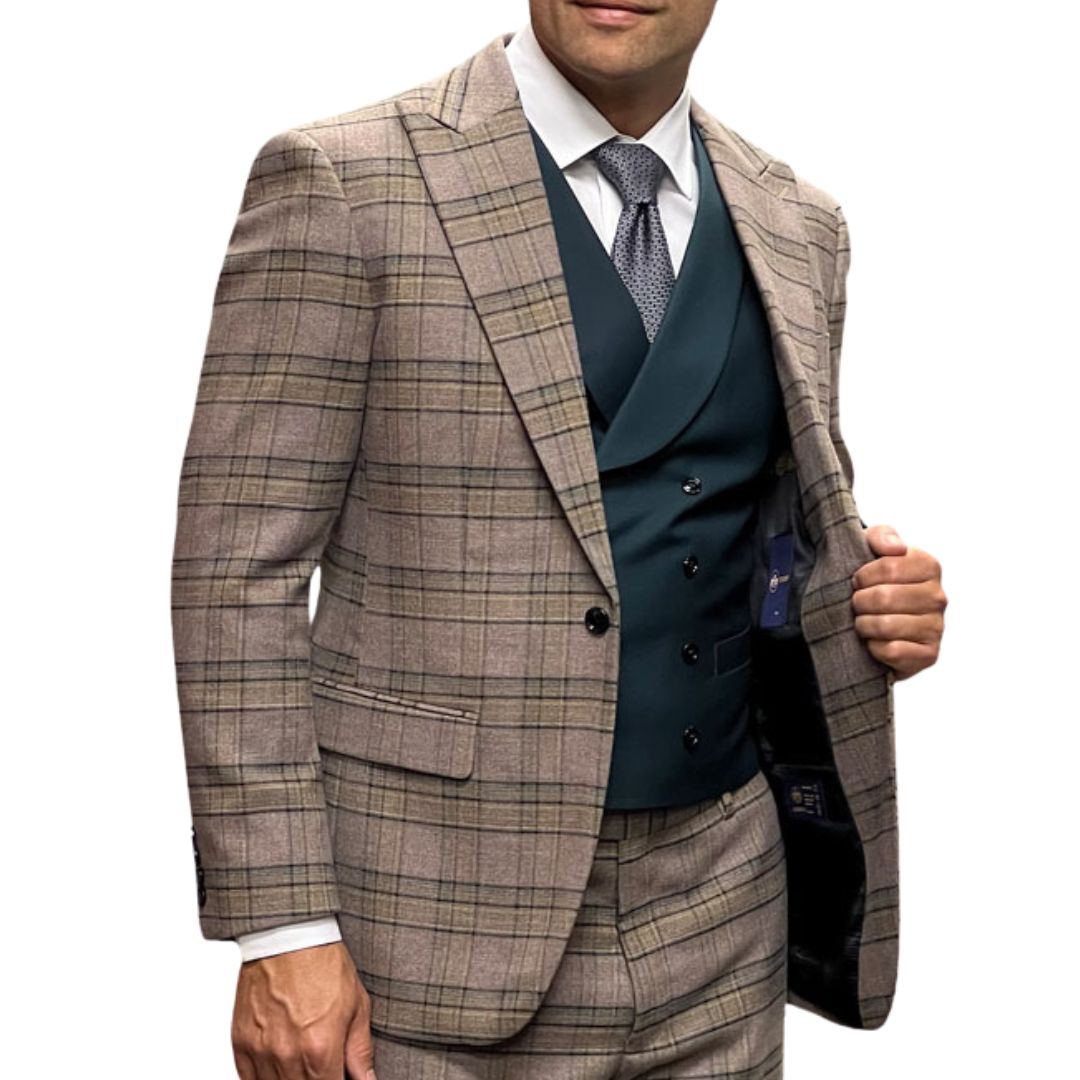 Velarion Collection: 3-Piece Plaid Modern Fit Suit with Solid Double-Breasted Vest