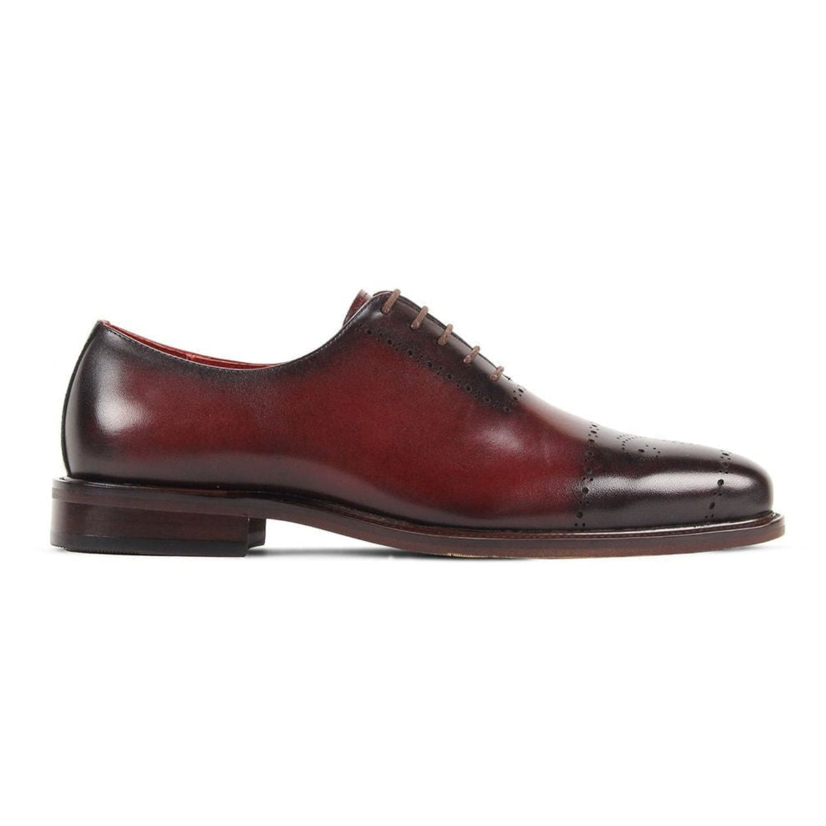 Side profile of men’s mocha hand-burnished leather Oxford dress shoe