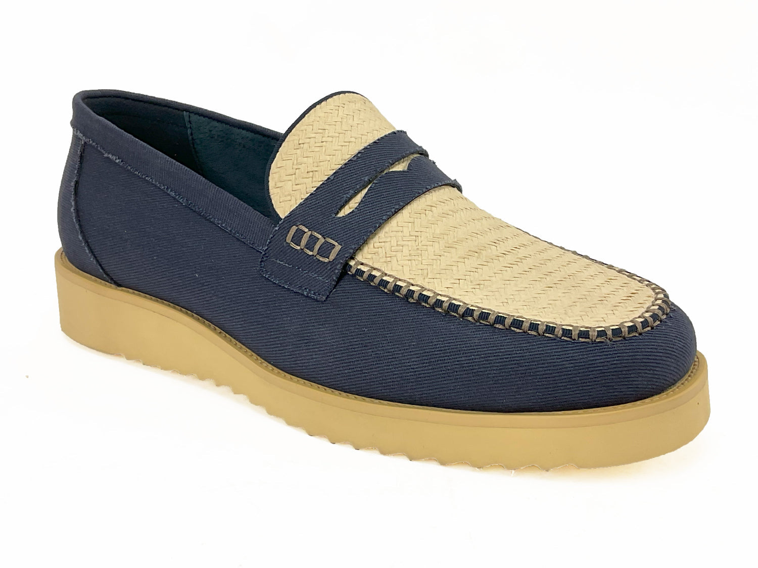 Galven Collection: Moc Toe Penny Strap Slip-On with Denim and Woven Upper