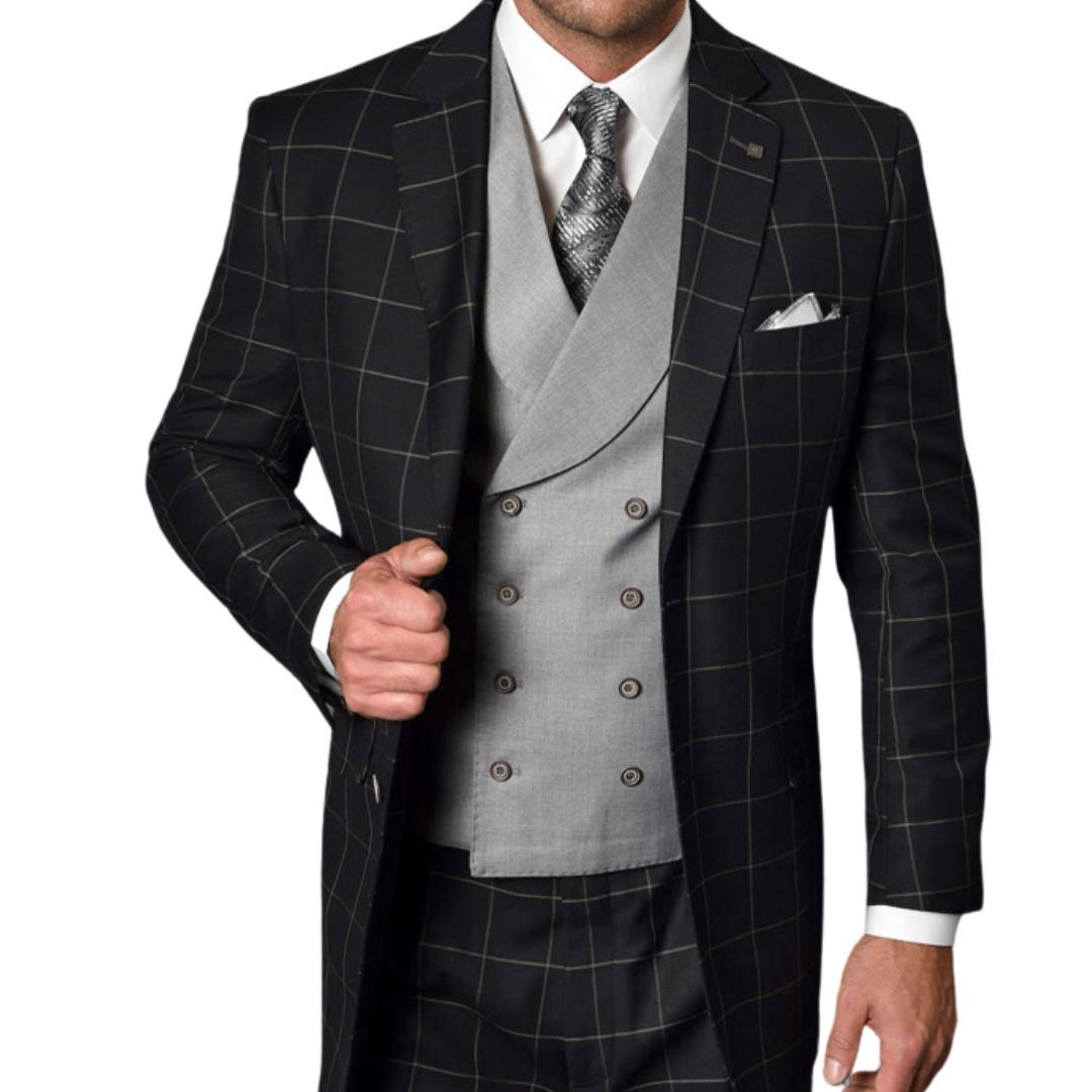 Dominion Collection: 3-Piece Plaid Modern Fit Suit with Solid Double-Breasted Vest