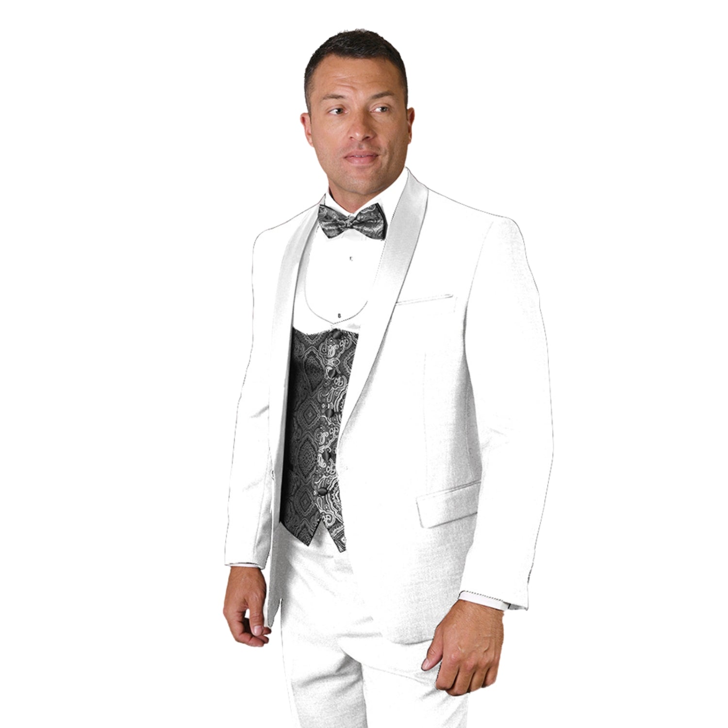 Quantum Collection: Tailored Fit 3-Piece Tuxedo with Scoop Vest and Flat Front Pants