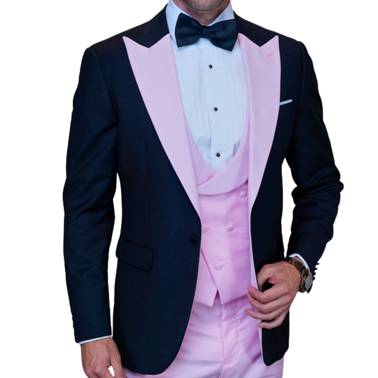 ChicChato Collection: 3-Piece Tuxedo with Pink Peak Lapel and Accents – Modern Fit