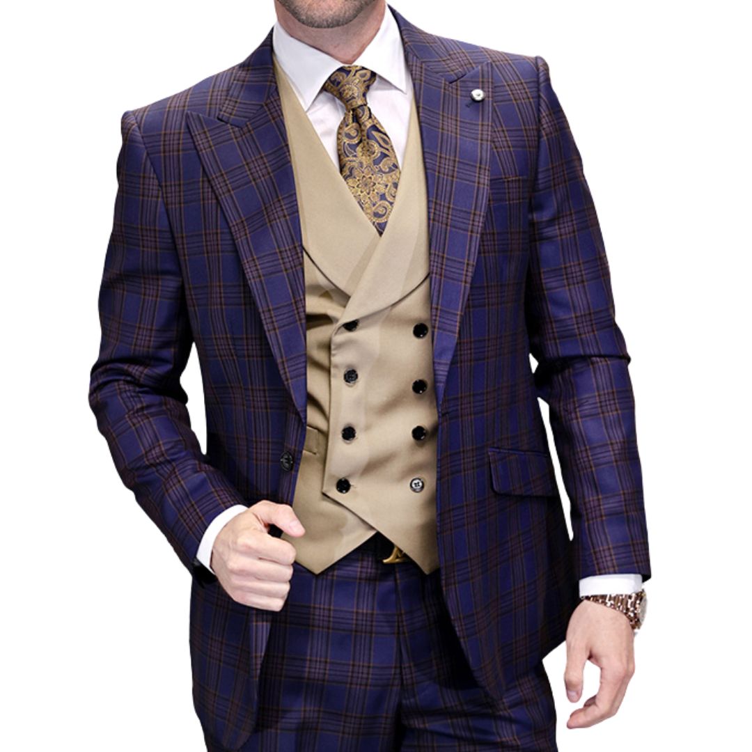 Zephyrus Collection: 3-Piece Plaid Modern Fit Suit with Solid Double-Breasted Vest