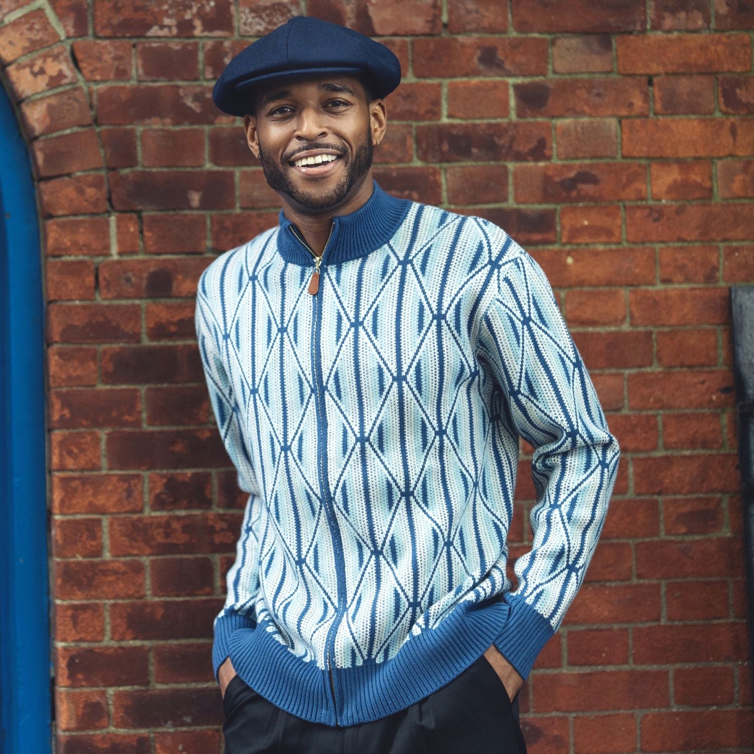 Lattice Collection: Montique Men’s Zip-Up Sweater with Geometric Diamond Pattern