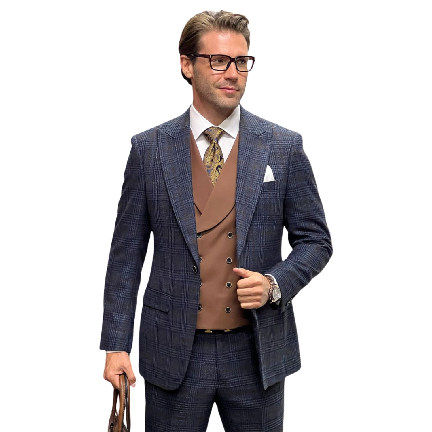 RegalRush Collection: Plaid 3-Piece Suit with Solid Double-Breasted Vest – Modern Fit