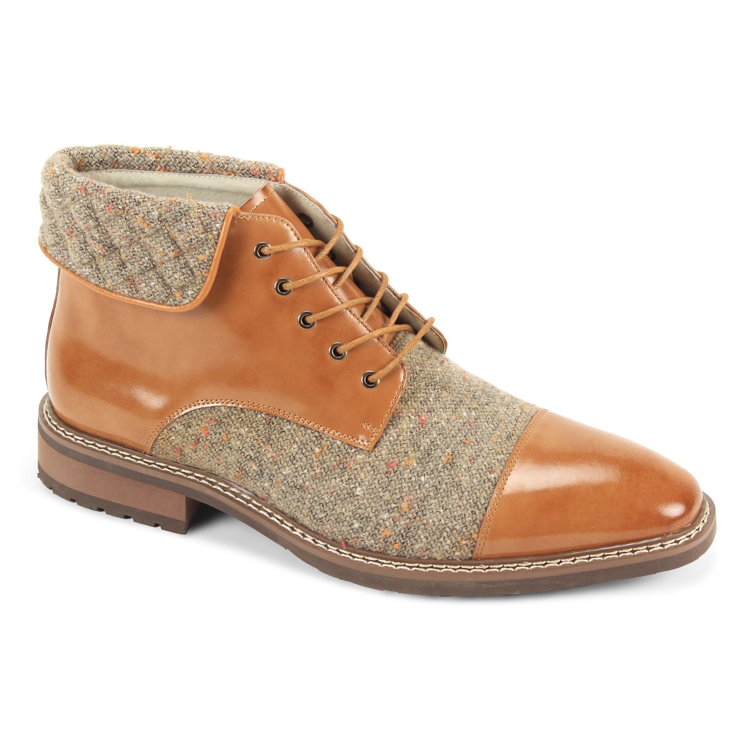 Stuart men's tan leather and tweed cap-toe lace boot, three-quarter view