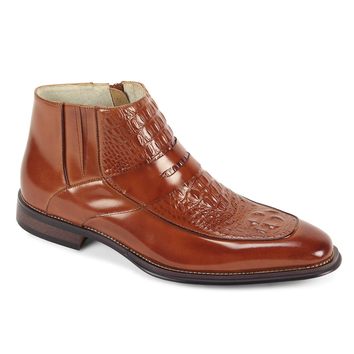 men's whiskey croco-print leather moc-toe zip ankle boot, three-quarter view