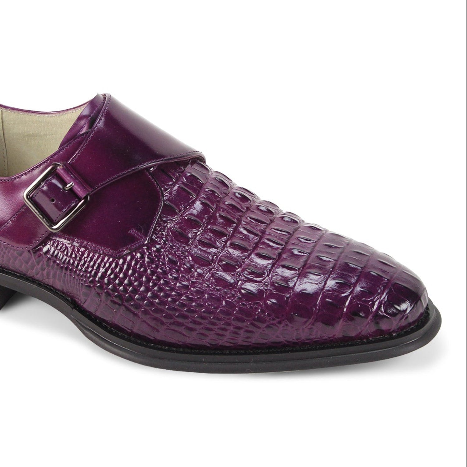 close-up angle of the men's purple croco-print monk strap dress shoe