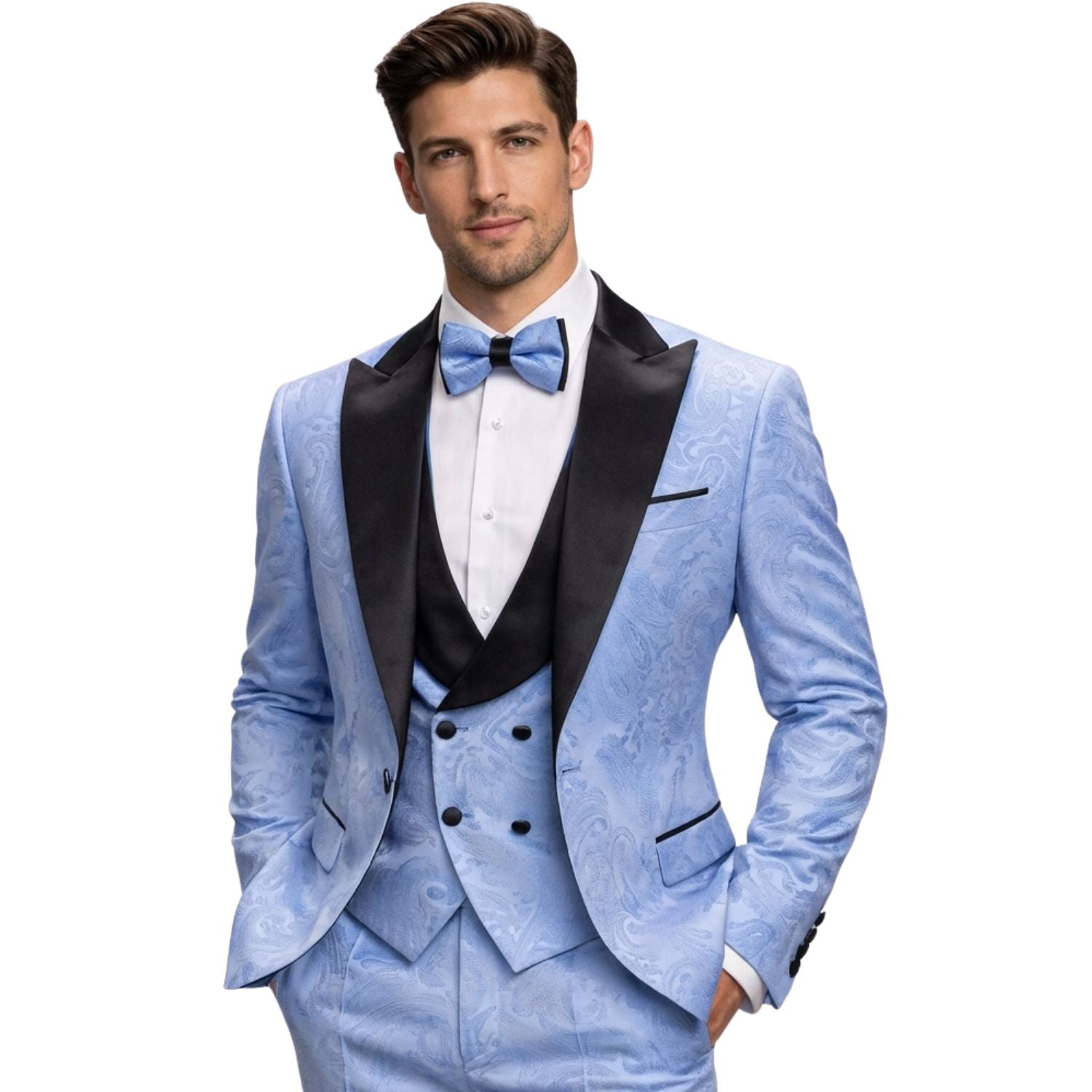 Cygnet Collection: 3-Piece Tailored Fit Tuxedo with Black Shawl Lapels and Matching Bow Tie