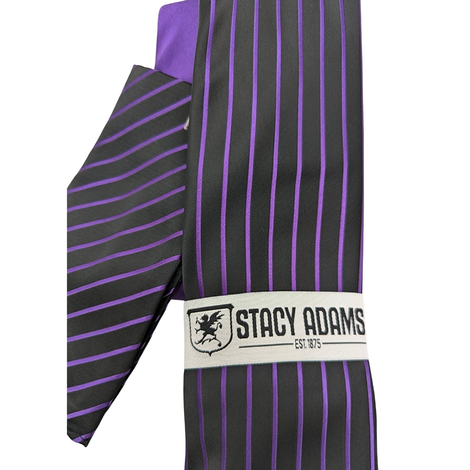 Close-up of Stacy Adams black and purple pinstripe tie and matching pocket square