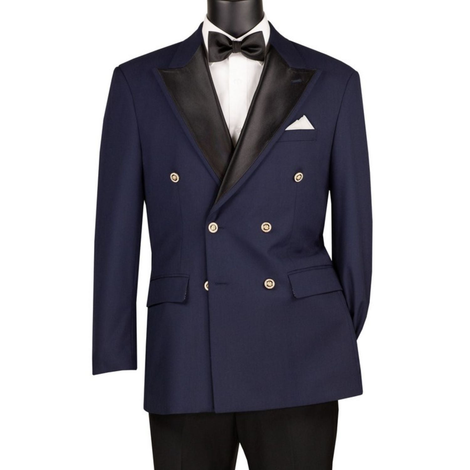 Alhena Collection: Men's Double Breasted Satin Peak Lapel Modern Fit Blazer with Bow Tie