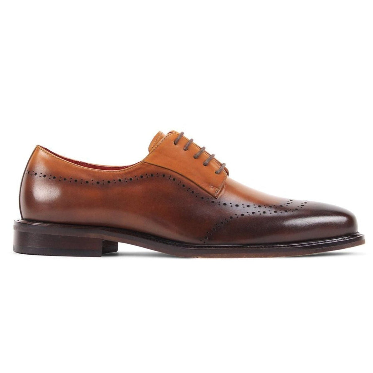 Side profile of maple brown and black leather lace-up derby shoe