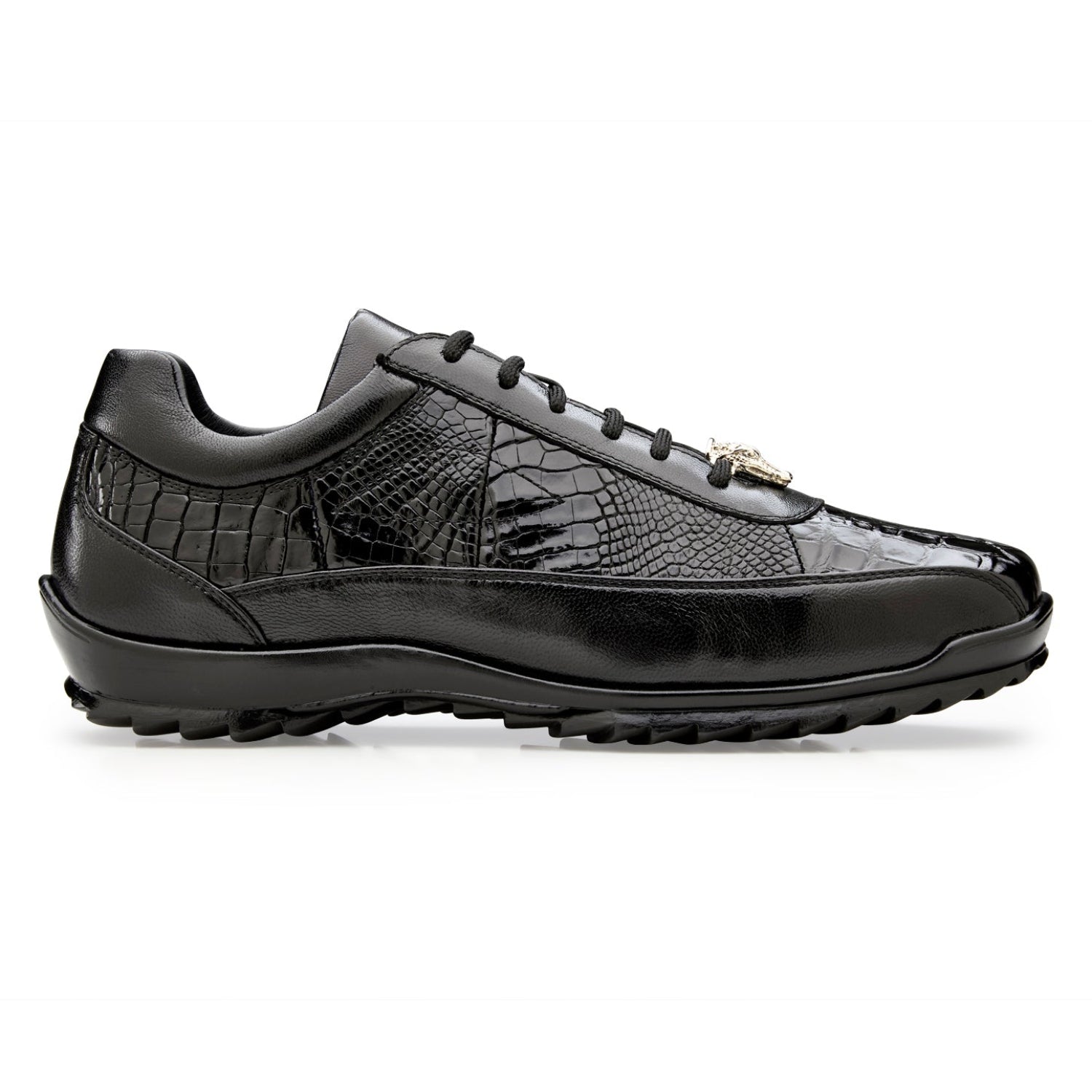Side profile of black Belvedere lace-up sneaker