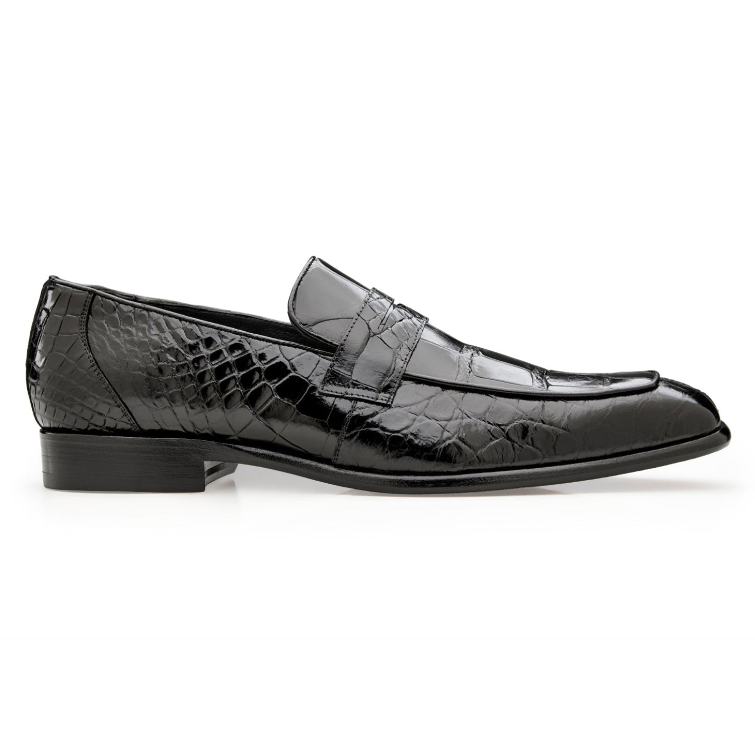 Side profile of black Belvedere alligator loafer