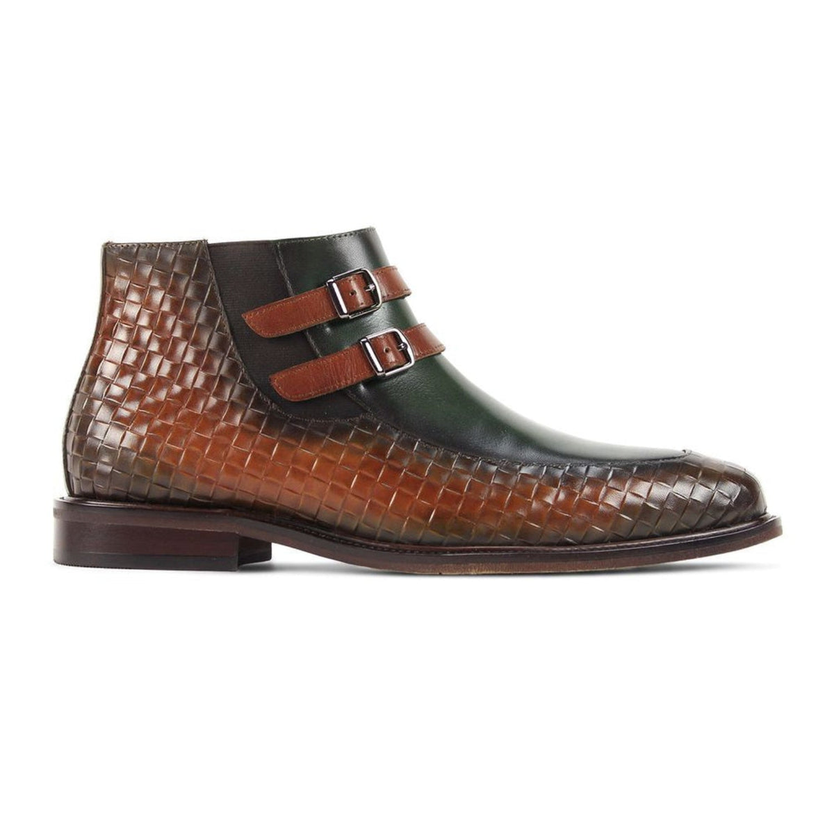 side view of olive and tan woven leather double buckle ankle boot