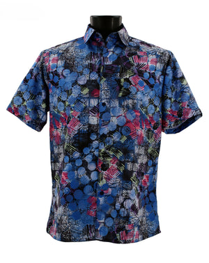 Men’s Blue Circle Print Short Sleeve Button-Up Shirt