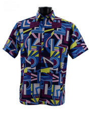 Loco Collection: Bold Geometric Abstract Pattern Short-Sleeve Shirt - Blue