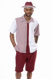 Burgundy Houndstooth Vertical Walking Suit 2 Piece SHORTS SET 72211