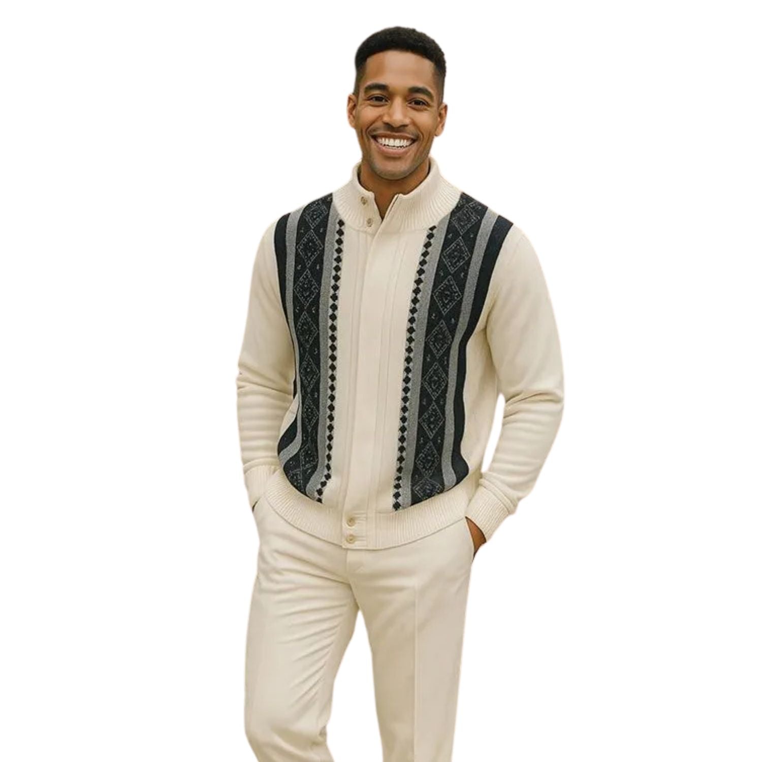 Solanus Collection: Cream Hidden Placket Knit Sweater Jacket with