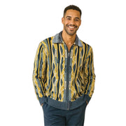 Siro Collection: Indigo Wool Blend Zip Collar Sweater with Vertical Geometric Pattern