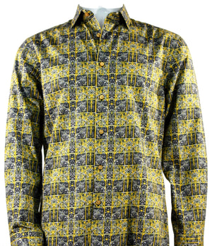 Men's Yellow Printed Long Sleeve Button-Up Cotton Shirt