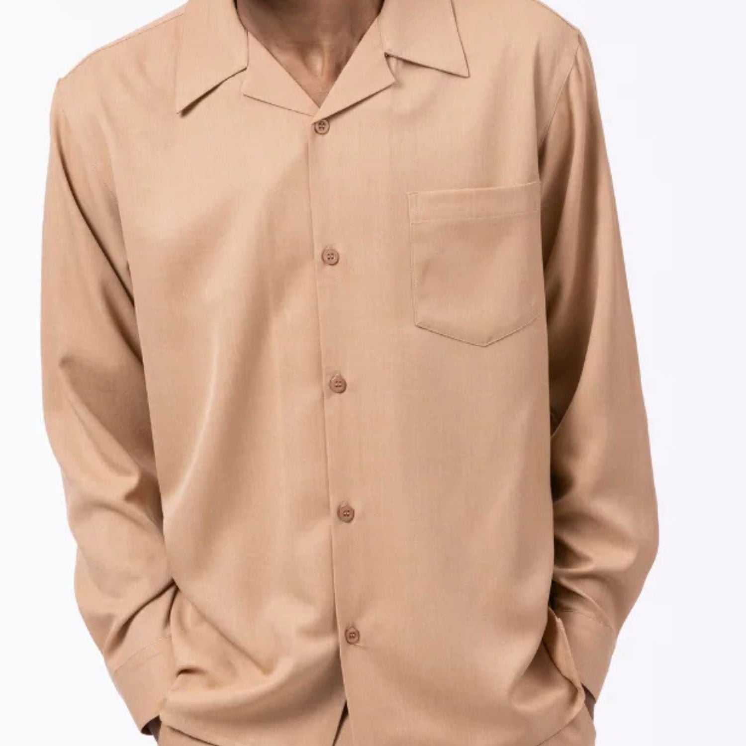 tan polyester long sleeve walking suit shirt and trousers set