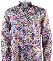 Purple Printed Men's Long Sleeve Button-Up Cotton Shirt