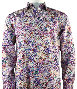 Purple Printed Men's Long Sleeve Button-Up Cotton Shirt