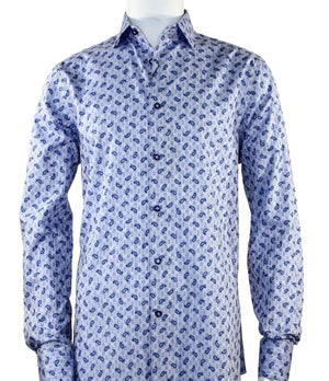 Blue Leaf Pattern Printed Long Sleeve Button-Up Cotton Shirt