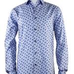 Blue Leaf Pattern Printed Long Sleeve Button-Up Cotton Shirt