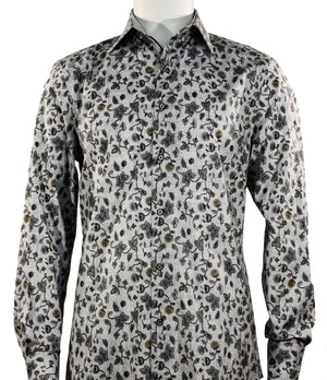 Grey Floral Pattern Printed Long Sleeve Button-Up Cotton Shirt