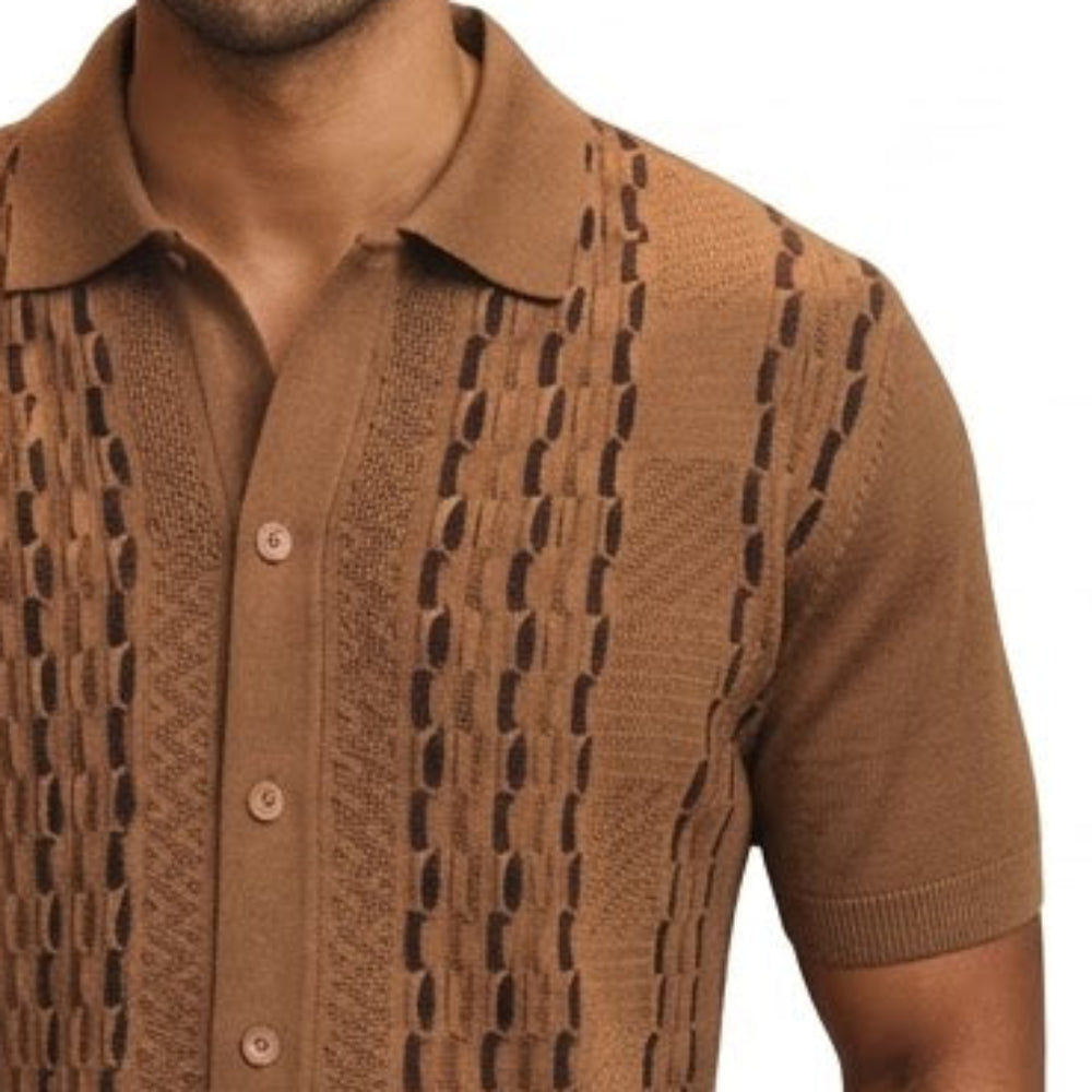 taupe short sleeve walking suit shirt with textured geometric front detail