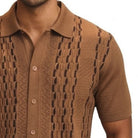 taupe short sleeve walking suit shirt with textured geometric front detail