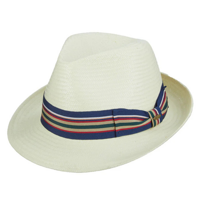 Calistoga Collection Scala Ivory 2-Inch Brim Toyo Fedora with Striped Ribbon Band at Suits and More