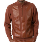 Detail of Luggage faux leather panels, quarter zip and ribbed trim on Montique SW-104 sweater