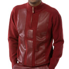 Detail of Burgundy faux leather panels, quarter zip and ribbed trim on Montique SW-104 sweater