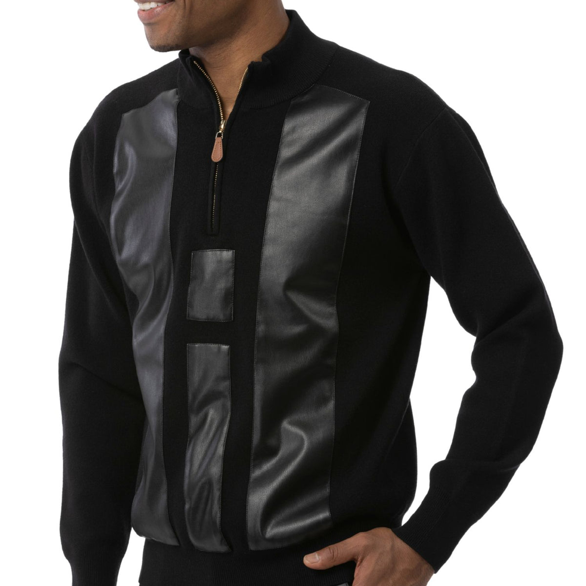 Detail of Black faux leather panels, quarter zip and ribbed trim on Montique SW-104 sweater