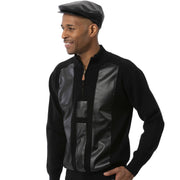 Men's Faux Leather Panel Quarter-Zip Sweater - Black by Montique