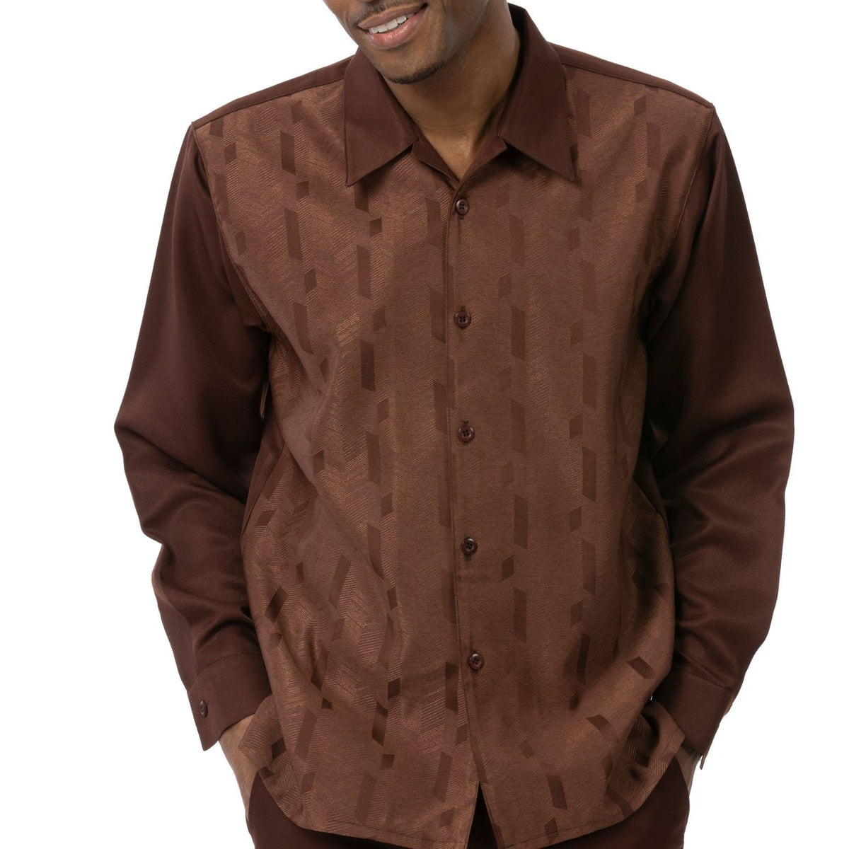 Brown geometric shirt front, collar and cuff detail by Montique