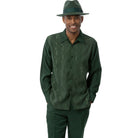 Model wearing the hunter geometric long-sleeve shirt and matching pants by Montique