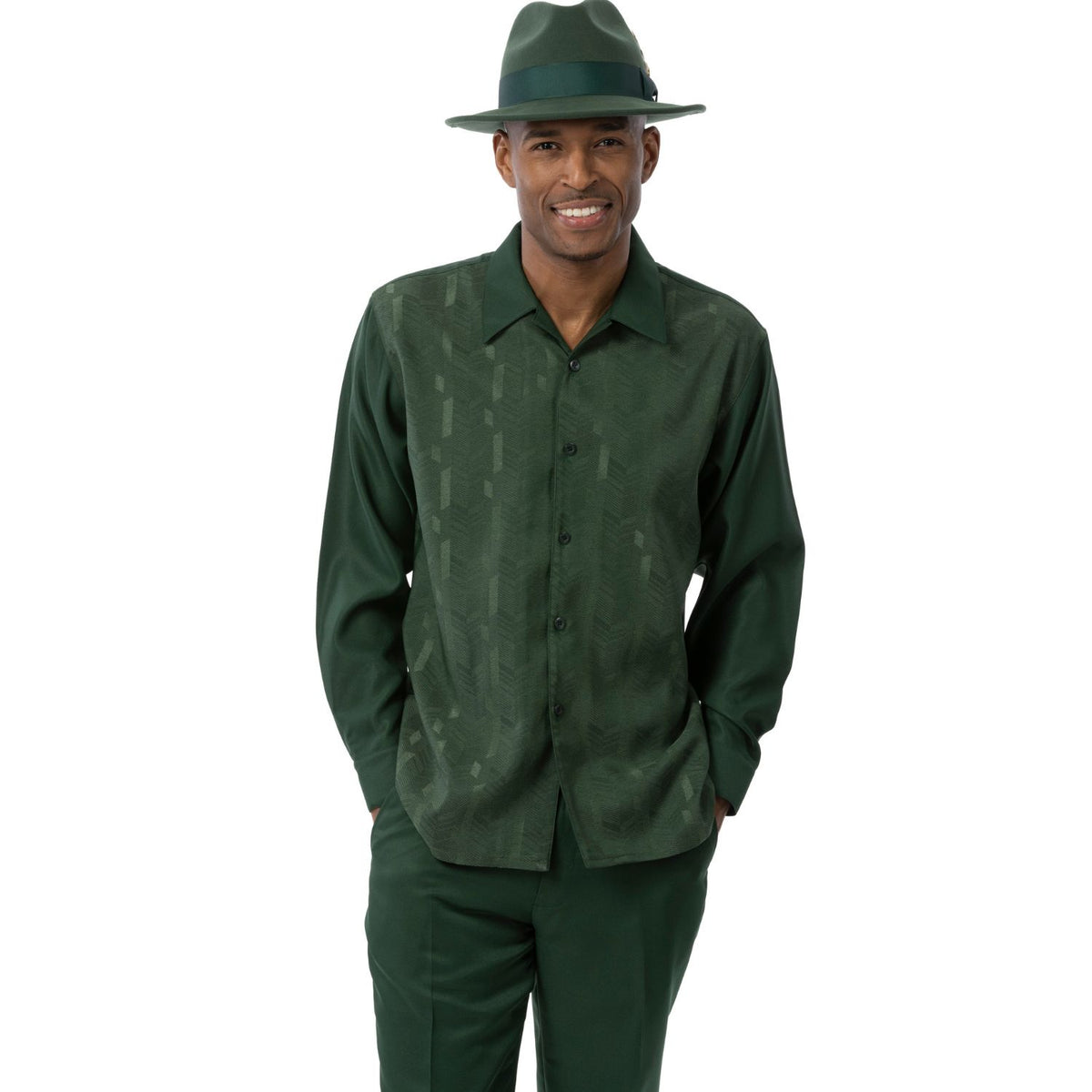 Model wearing the hunter geometric long-sleeve shirt and matching pants by Montique