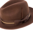 Brown wool felt fedora hat by Montique with striped hat band