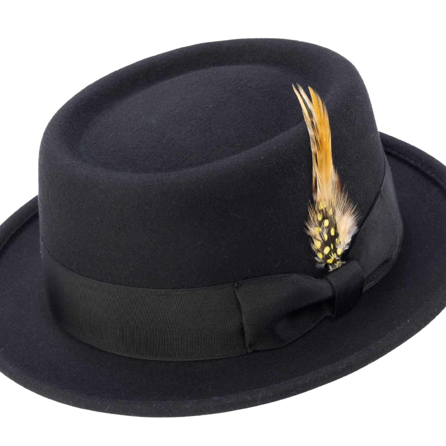 black pork pie hat side view with feather detail
